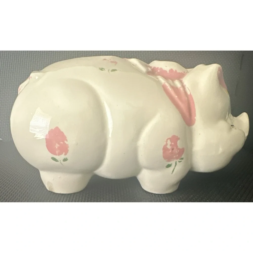 Vintage Ceramic Piggy Bank White with Pink Floral Accents 8